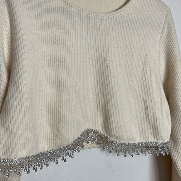 Zara Soft Ribbed Fuzzy Cropped Sweatshirt Top with Hanging Rhinestone Detail - Picture 12 of 15